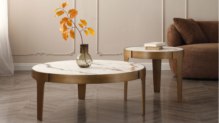 Table basse en acier avec plateau effet marbre doré, Jazzy