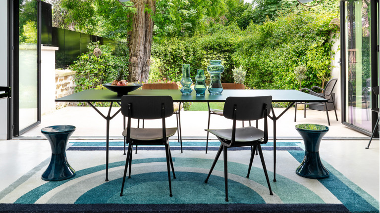 Tapis design moderne, forme géométrique, résiste UV, Celadon