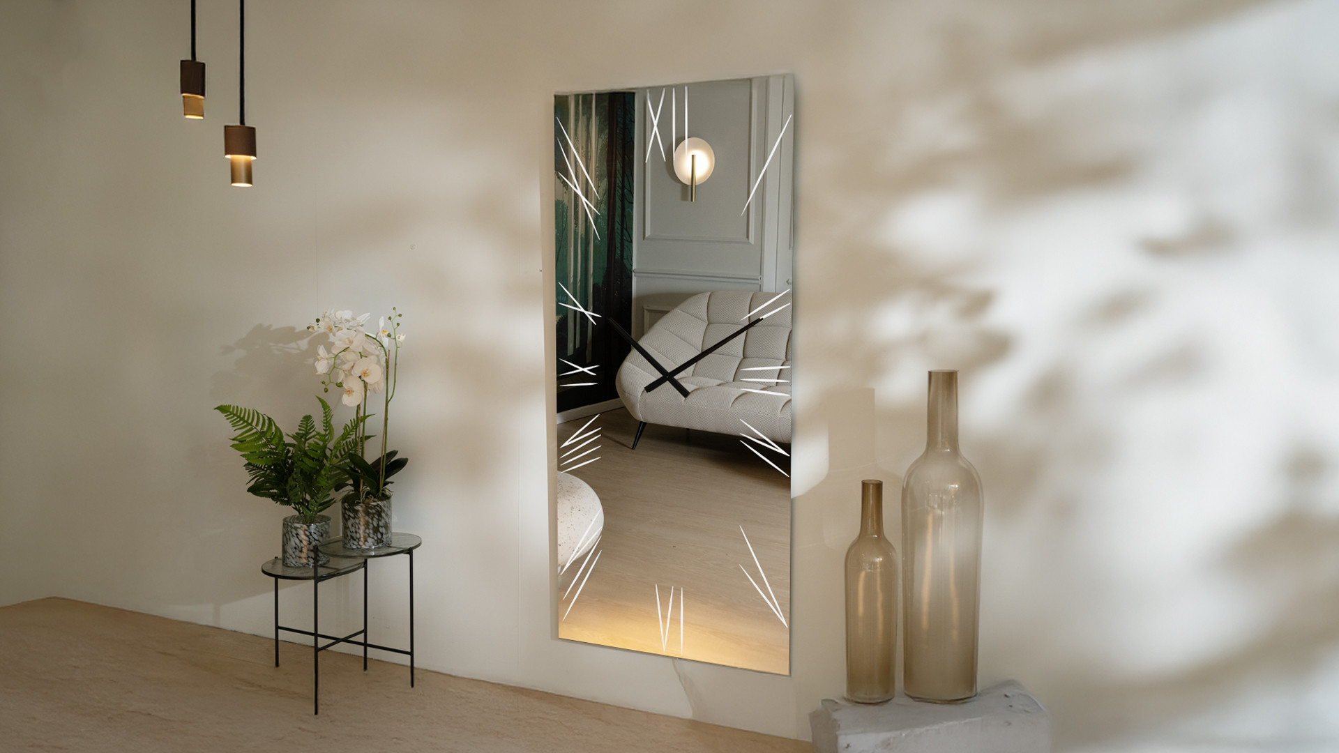 Grand miroir murale horloge design, éclairage led, Algedi