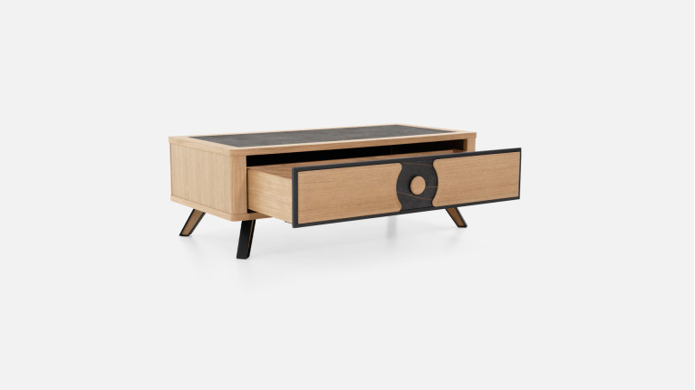 Table basse LOTUS | Bois naturel & plateau céramique veinée