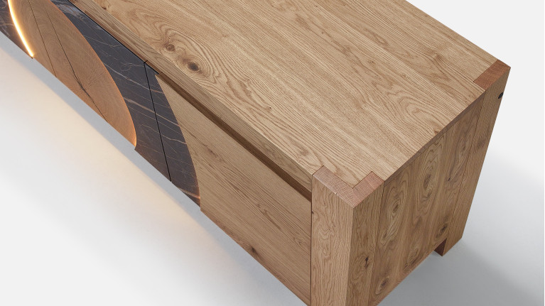 Meuble TV 4 portes, bois et céramique design VOGE