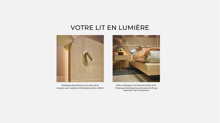 Lit MAJESTIC finition chêne griffé – Tête de lit lumineuse & liseuses