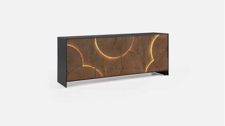 Buffet NEO EQUINOXE – Placage chêne, motifs rondins et éclairage LED