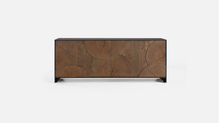Buffet NEO EQUINOXE – Placage chêne, motifs rondins et éclairage LED