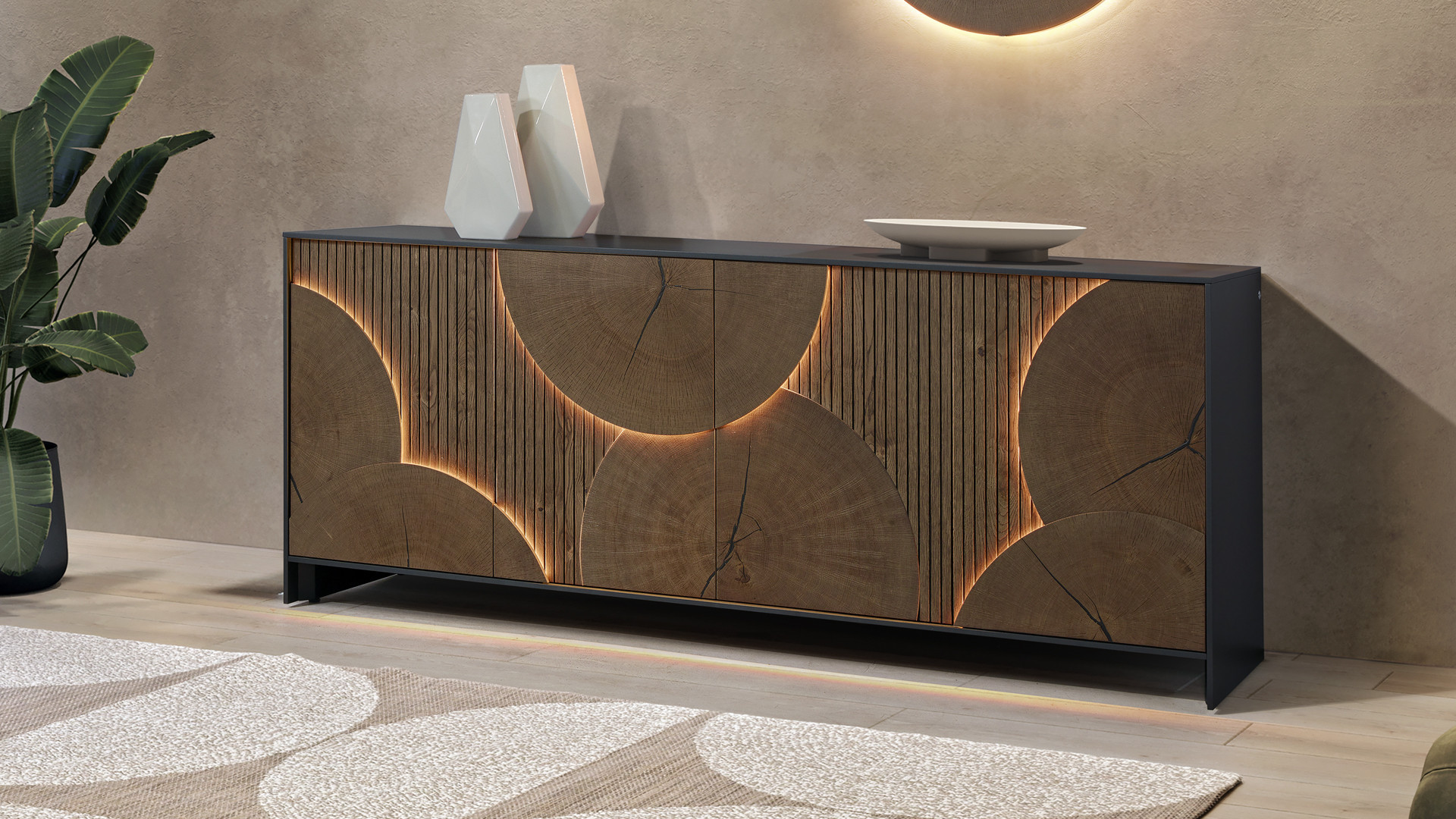 Buffet NEO EQUINOXE – Placage chêne, motifs rondins et éclairage LED