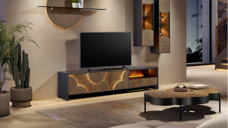 Meuble TV NEO EQUINOXE – Cheminée vapeur d'eau, placage chêne et LED