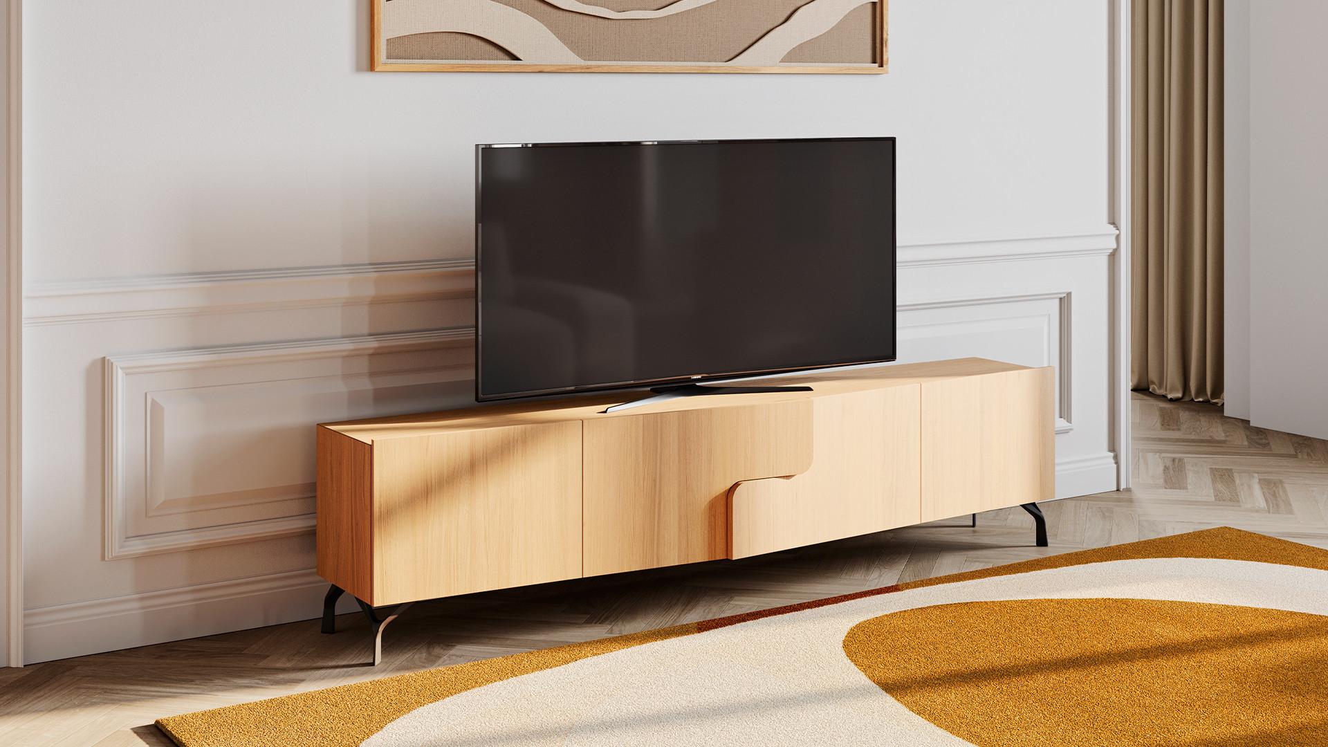 Meuble TV JADE avec rangements intégrés et piètement métal